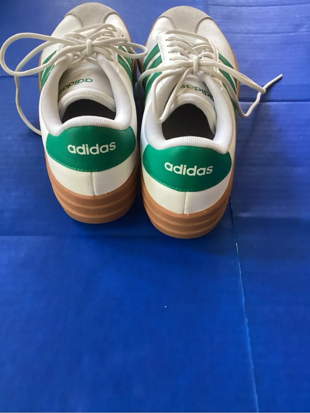 adidas White Sneakers with Green Stripes and Gum Sole, size 8.5